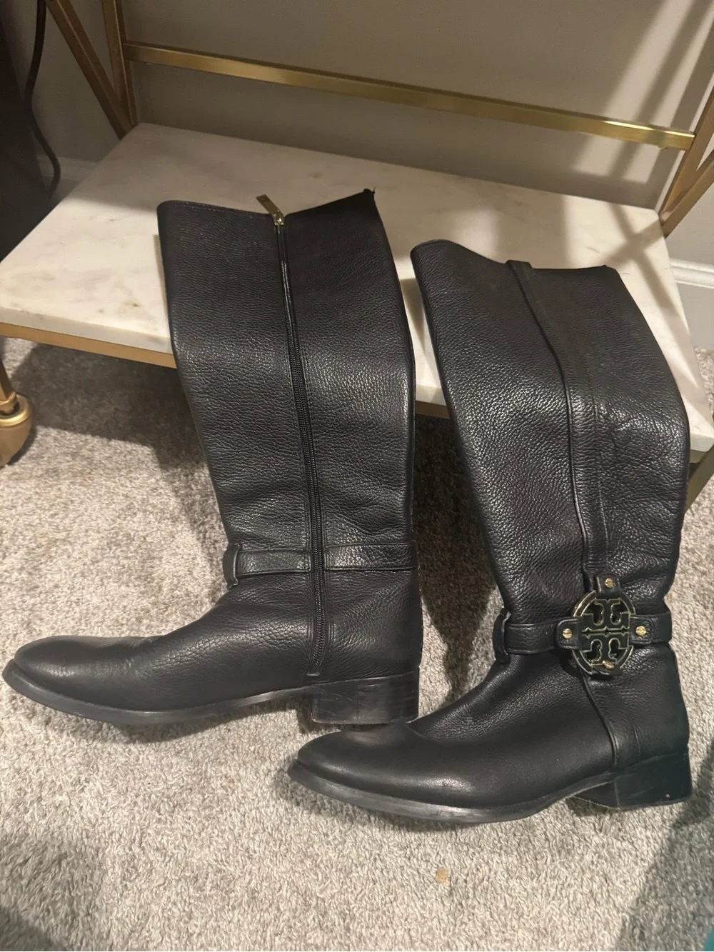 Tory Burch Black Leather Over-the-Knee Logo Strap Boots